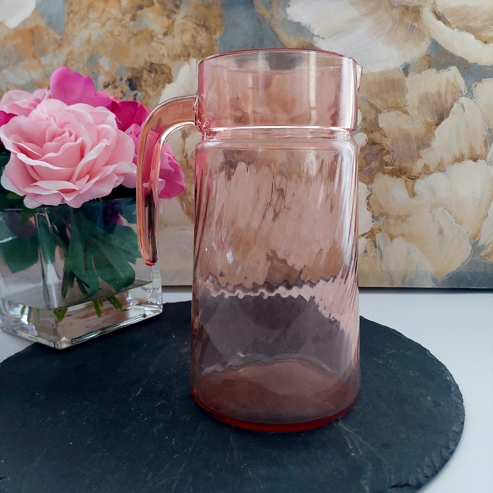 Arcoroc Rosaline Pink Swirl Glass Pitcher Vintage Barware